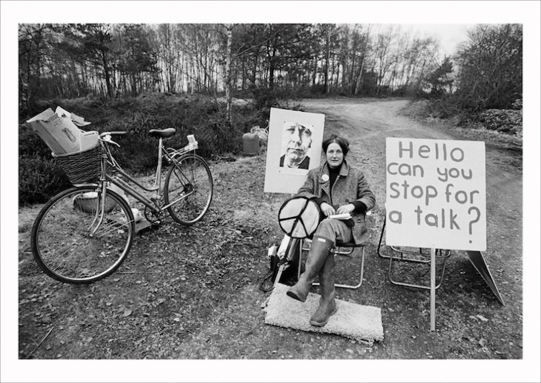 A picket mounted on the missile silo construction road by the Women’s Peace Camp at RAF/USAF Greenham Common, Berkshire 