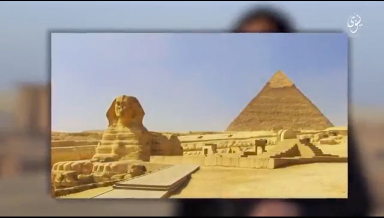 Screenshot from a video purportedly showing ISIS militants destroying monuments in Iraq. The video concludes with a threat to attack the Great Pyramid at Giza.