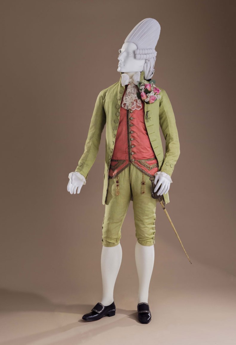 Macaroni ensemble: Suit (c. 177), Italy, probably Venice; Waistcoat (c.1770), France; Sword with sheath (late 18th century), France.