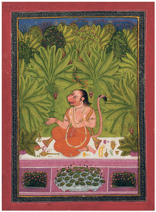 Hanuman Seated in a Banana Grove Humming a Song (1760–70), India, Rajasthan, Bindi.