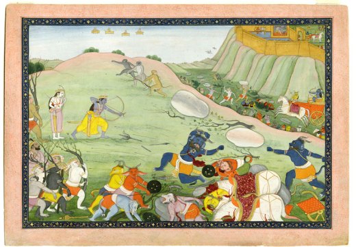 Rama kills the demon warrior Makaraksha in combat. From a manuscript of the Ramayana (c. 1790), India; Himachal Pradesh state, former kingdom of Guler. Photo © Asian Art Museum of San Francisco