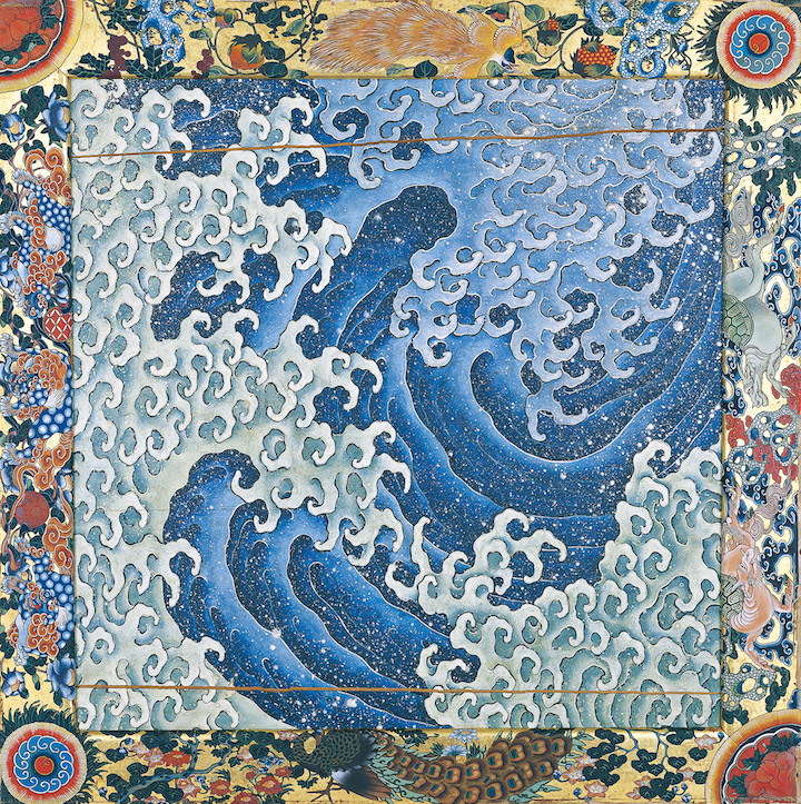 Waves (1845), one of two panel paintings attributed to Hokusai and completed by Takai Kōzan. Courtesy of Kanmachi Neighbourhood Council, Obuse, Nagano Prefectural Treasure