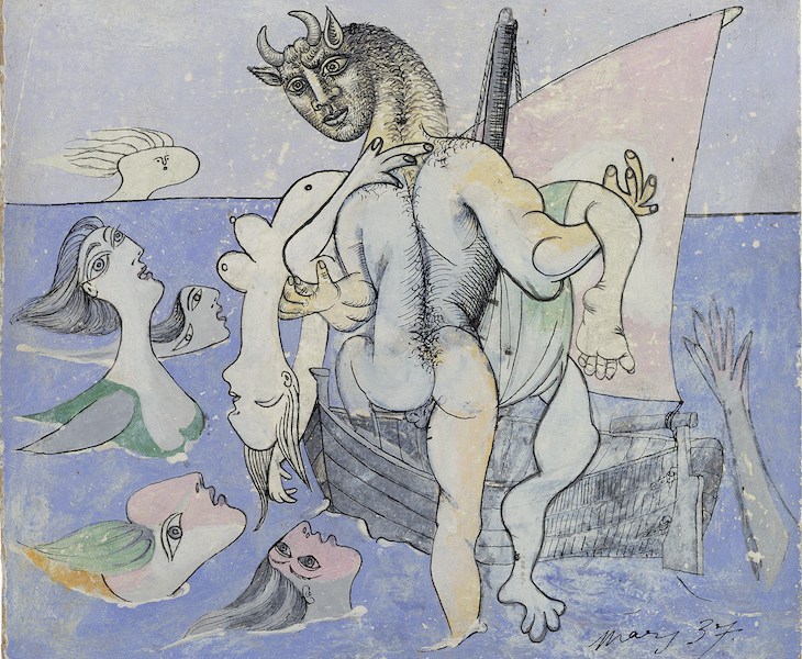 Minotaure dans une barque sauvant une femme (1937), Pablo Picasso. Private collection. Photo: Eric Baudouin; Courtesy Gagosian; © 2017 Estate of Pablo Picasso / Artists Rights Society (ARS), New York