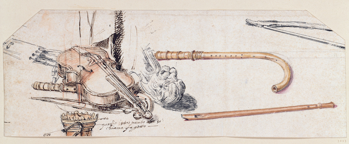 Study of different musical instruments (c. 1514–15), Giovanni da Udine. © bpk, Kupferstichkabinett, Staatliche Museen zu Berlin, Jörg P. Anders