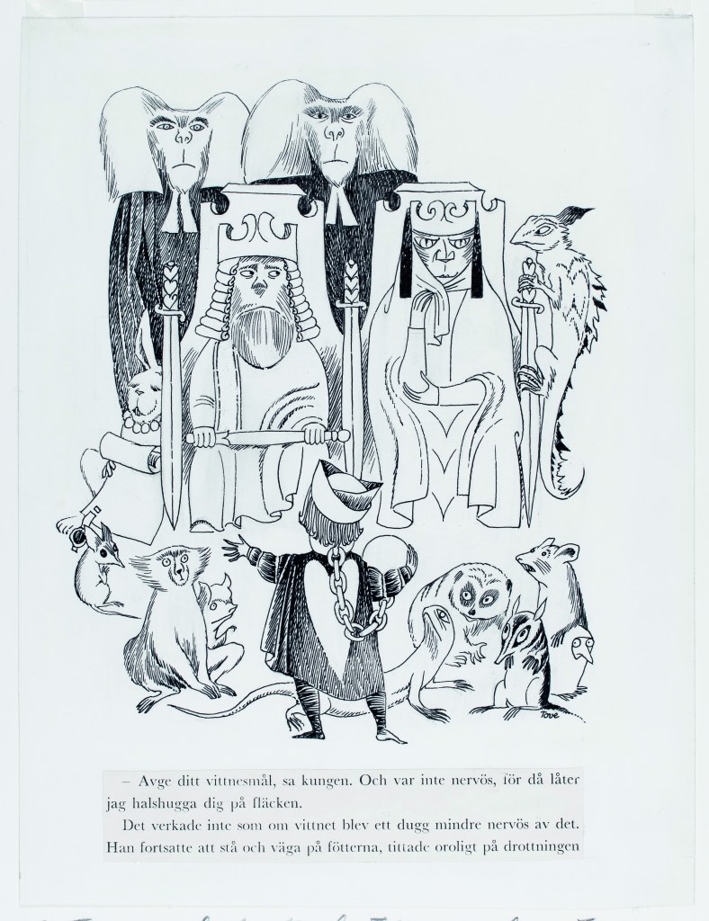 Illustration of the trial scene for Alice i Underlandet (Alice’s Adventures in Wonderland; Albert Bonniers Förlag, 1966), Lewis Carroll, trans. Åke Runnquist with illustrations by Tove Jansson