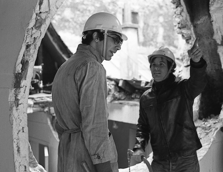 Gordon Matta-Clark and Gerry Hovagimyan working on Conical Intersect, 1975. Photo: Harry Gruyaert © 2017 Estate of Gordon Matta-Clark / Artists Rights Society (ARS), New York and David Zwirner, New York