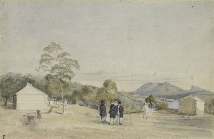 Observatory, Domain, Sir John Franklin, Captain Crozier and Captain James Ross (1842), Thomas Bock. Courtesy Tasmanian Museum and Art Gallery