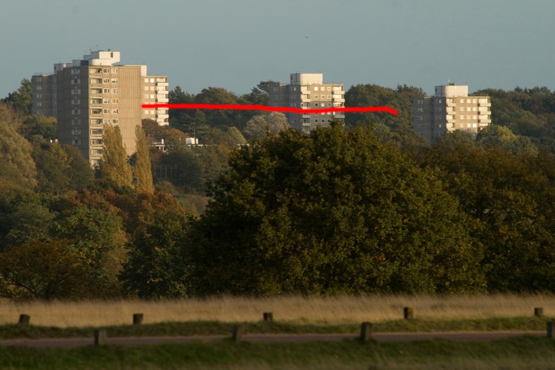 The Alton Estate seen from Richmond Park. The red line indicates the eighth floor of the current blocks on the site, the upper number of storeys proposed for the new buildings to replace blocks like those only just visible below it through the trees.