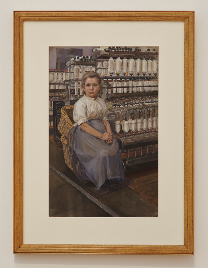 In a Glasgow Cotton Mill: Minding a Pair of Fine Frames (1907), Sylvia Pankhurst. Installation view at Tate Britain, London, 2013–14.