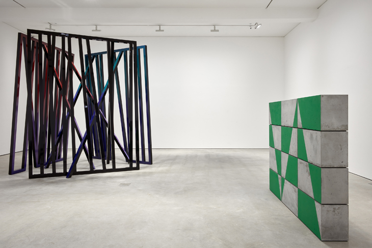 Cosmos and Border (both 2018), Eva Rothschild. Installation view at Modern Art, Vyner Street, London, 2018.