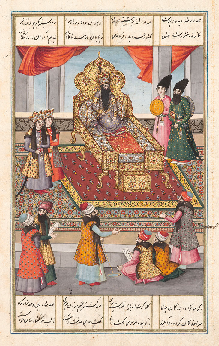 Fath ‘Ali Shah sitting on his throne from the Shahanshahnama of Fath ‘Ali Khan Saba (c. 1810–40), unknown artist. Musée du Louvre, Paris.