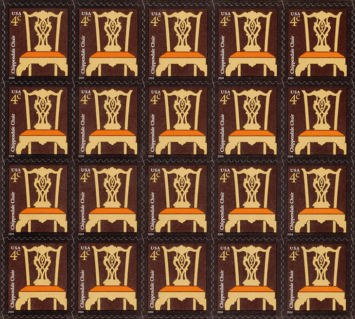 Sheet of Chippendale chair postage stamps, issued by the United States Postal Service in 2004.