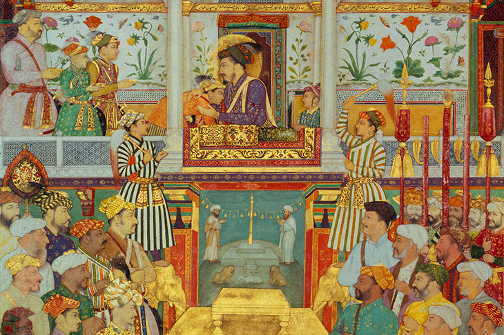 Shah Jahan receives his three eldest sons and Asaf Khan during his accession ceremonies from the Padshahnama manuscript (detail; c. 1630–40), Bichitr and Ramdas, Mughal.