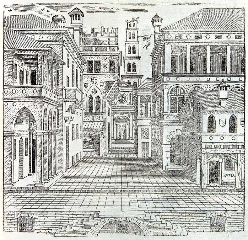 Setting for a Comedy, (1545), Sebastiano Serlio, from Den Ersten Boeck van Architecturen (Antwerp, 1558), McNay Art Museum, San Antonio, Texas