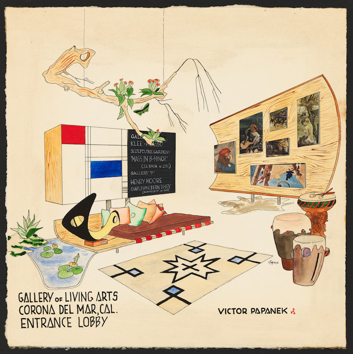'Gallery of Living Arts, Corona Del Mar, CA, Entrance Lobby', design for exhibition space, 1949-52, Victor Papanek. © University of Applied Arts Vienna, Victor J. Papanek Foundation