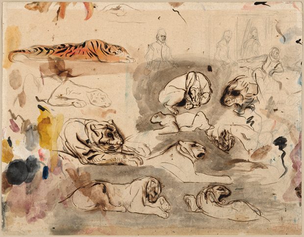 Sketches of Tigers and Men in Sixteenth-Century Costume, (c. 1828–29), Eugène Delacroix. The Art Institute of Chicago.