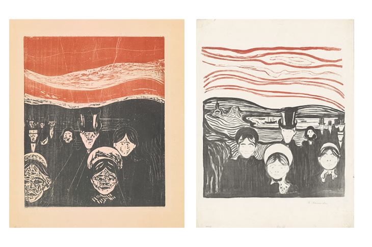 Left: Angst (woodcut; 1896), Edvard Munch. Right: Angst (lithograph; 1896), Edvard Munch.