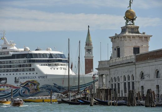A cruise ship passes close to the church San Giorgio Maggiore, in Venice on 26 September 2014.
