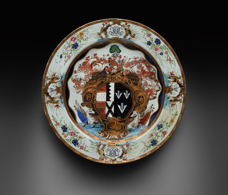 Charger with the arms of Leake Okeover (1740–43), China.