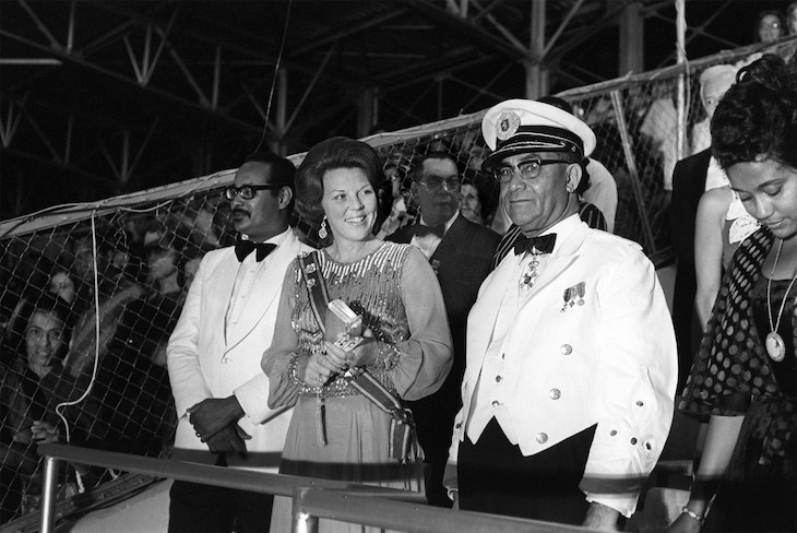 Princess Beatrix of the Netherlands and President Johan Ferrier of Suriname at the Celebration of Independence, 1975