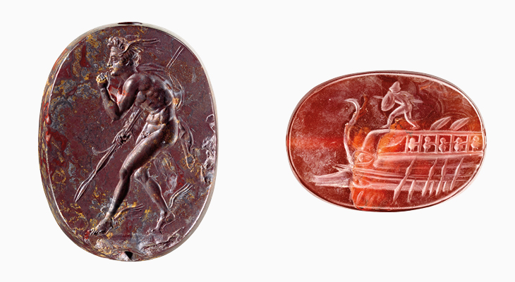 Left: Engraved scaraboid with Perseus (400–350 BC), Greece. Right: Engraved scaraboid with Protesilaos on the prow of a ship (400–350 BC), Greece