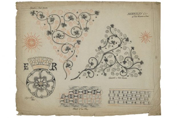 Drawing of 13th-century mural decoration in the Church of St Mary, Berkeley, Gloucester, made by Ernest Gimson in August 1888.