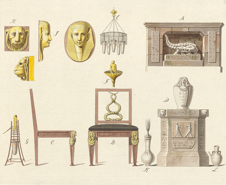 ‘In the Egyptian taste’, plate two from Presentation and History of the Taste of the Leading Nations (1796–99) by Joseph Friedrich zu Racknitz.