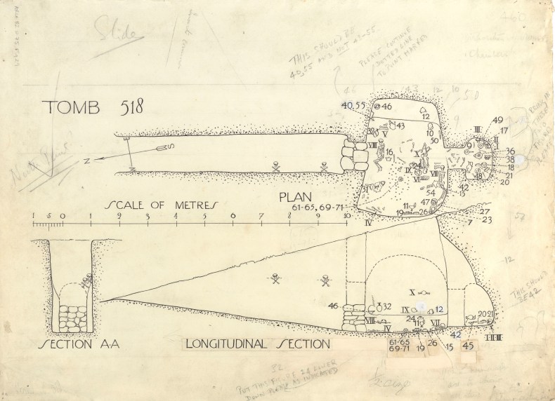Plan and section drawing of Chamber Tomb 518, Mycenae (1922–23), unsigned.