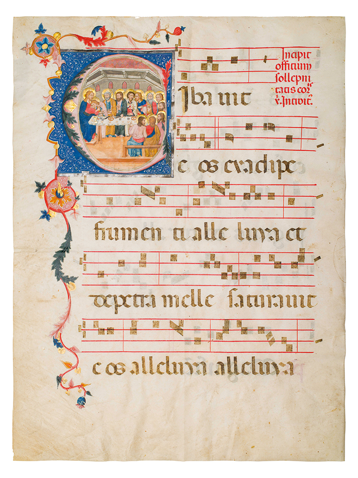 Leaf from a gradual depicting the Last Supper, c. 1330–40, workshop of Vanni di Baldolo, Perugia. Dr Jörn Günther Rare Books, €85,000