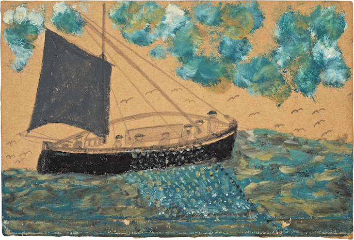 Ship with seven men, net and gull (n.d.), Alfred Wallis.