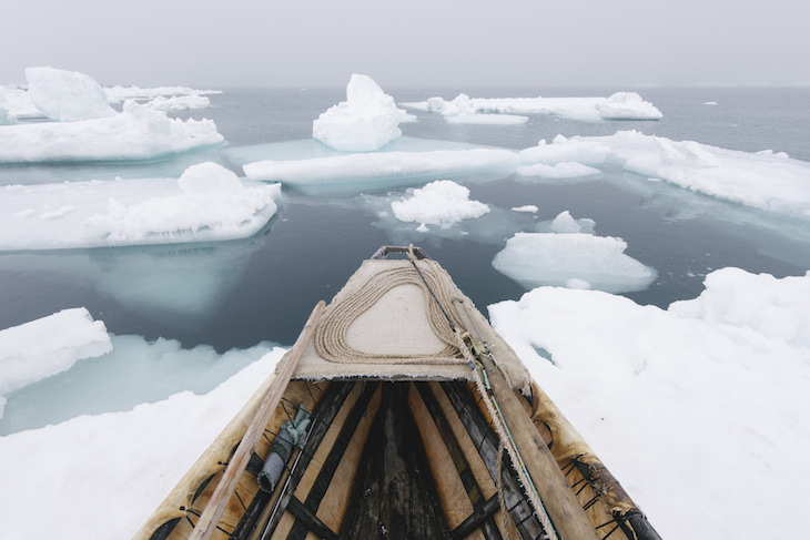 Umiaq and north wind during spring whaling (2019), Kiliii Yuyan.