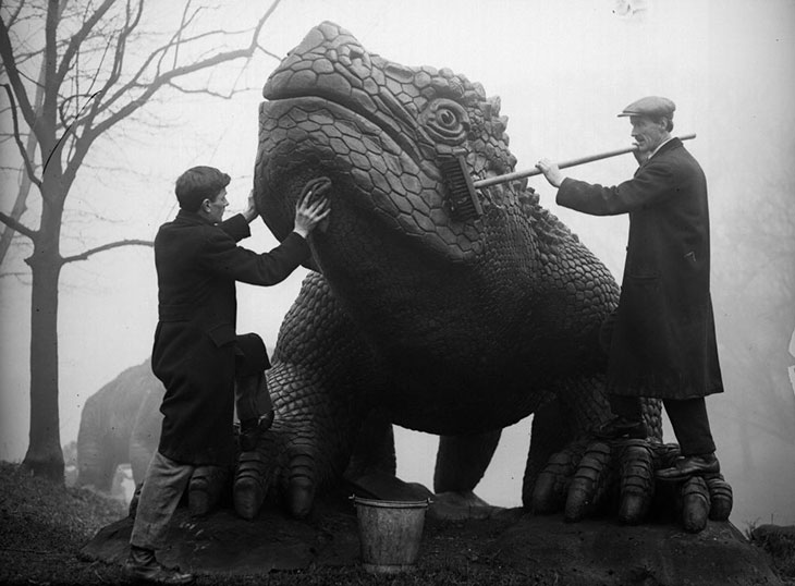 Dinosaur bathtime at Crystal Palace in the 1930s.