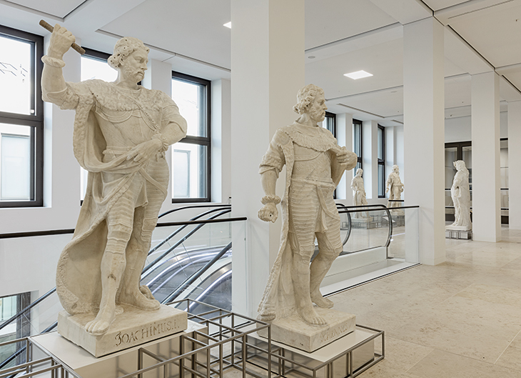 In the foreground: statues of Joachim I Nestor (1484–1535; left) and Johann Cicero (1455–99; right), Electors of Brandenburg, installed in the Humboldt Forum, Berlin.