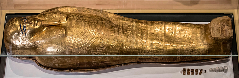 The gilded ancient Egyptian coffin of the priest Nedjemankh, bought by the Metropolitan Museum of Art in New York in 2017 and returned to Egypt in 2019.