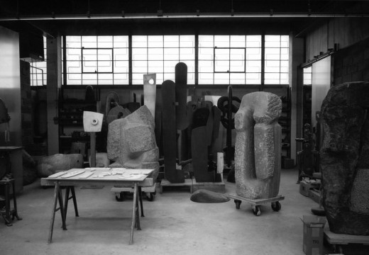 black and white photograph of an artist's studio