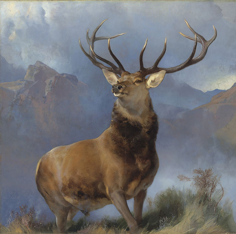 Painting of a stag against mountains