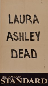 Newsstand poster announcing the death of Laura Ashley (1985)