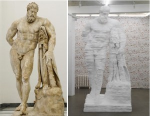 Two Hercules: the Farnese Hercules from the Baths of Caracalla in Rome; and Matthew Darbyshire's polystyrene 'Hercules' (2014).