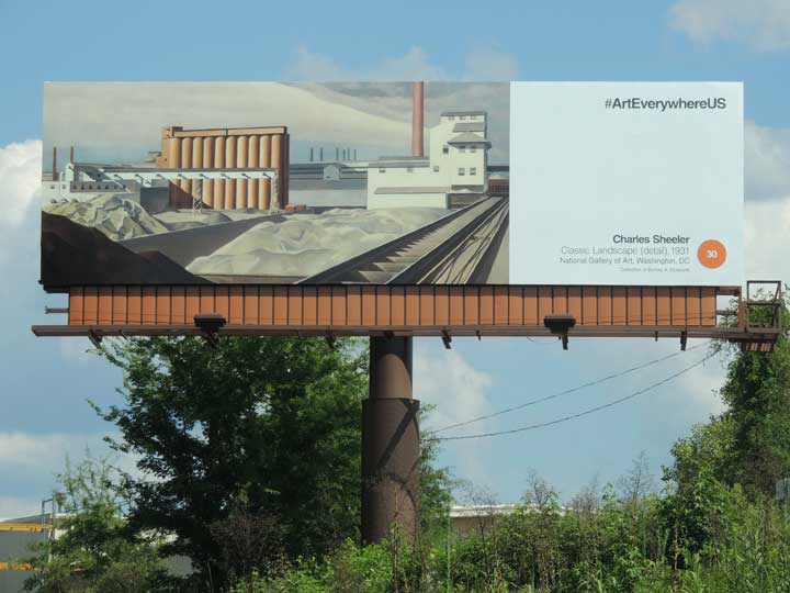 Art Everywhere US billboard in Columbia, South Carolina, featuring Charles Sheeler’s Classic Landscape (1931, National Gallery of Art, Washington DC, Collection of Barney A. Ebsworth).