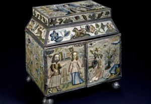 Embroidered box depicting the life of Abraham (before 1665), tentatively attributed to Miss Bluitt, later Mrs Payne