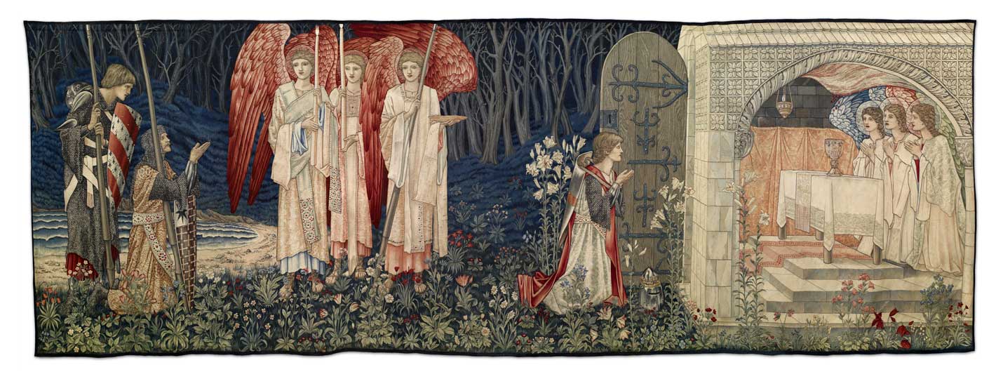 ‘Holy Grail Tapestry – Quest for the Holy Grail Tapestries – Panel 6 – The Attainment; The Vision of the Holy Grail to Sir Galahad, Sir Bors and Sir Percival’ (1895–96), William Morris