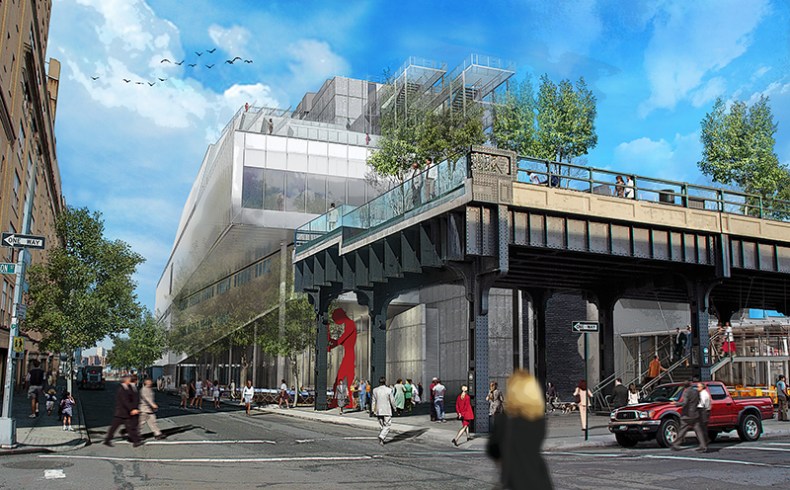 Rendering of the Whitney Museum of American Art’s new building in downtown Manhattan, from the corner of Gansevoort and Washington Streets.