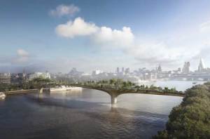 A digital rendering showing Thomas Heatherwick's proposed Garden Bridge across the Thames from the South Bank.