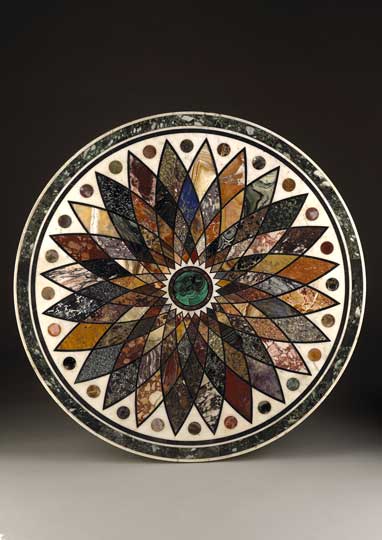 Pietra dura marble table top, supported by a bronze patinated and gilded cast iron base (1831), Giacomo Raffaelli.