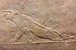 Detail of the lion hunt frieze from the palace of Ashurbanipal (668-631 BC) at Ninevah, now in the British Museum