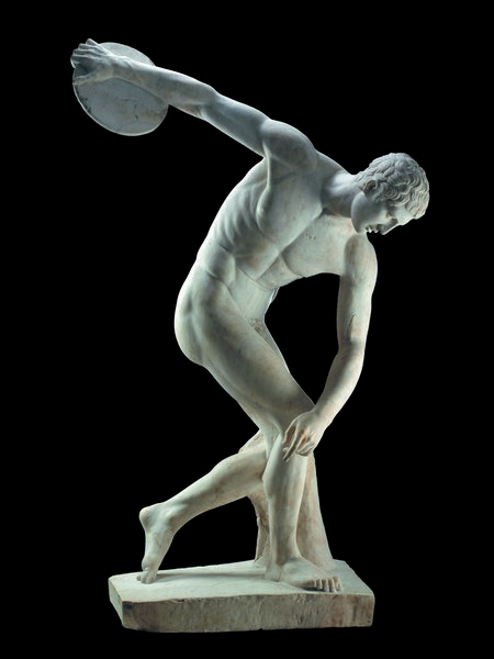 Marble statue of a discus-thrower (discobolus) by Myron. (Roman copy of a bronze Greek original of the 5th century BC