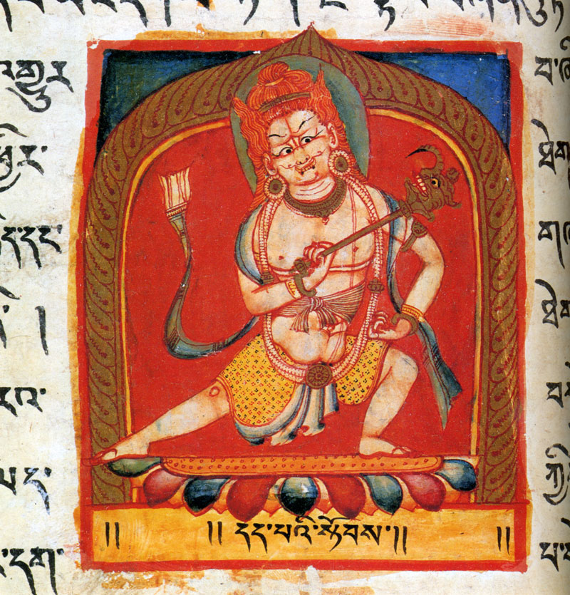 Folio from the 'Perfection of Wisdom' manuscript, depicting Gate-keeper of the eastern direction Vajrankusha (11th century),Tholing Monastery, Western Tibet. Los Angeles County Museum of Art
