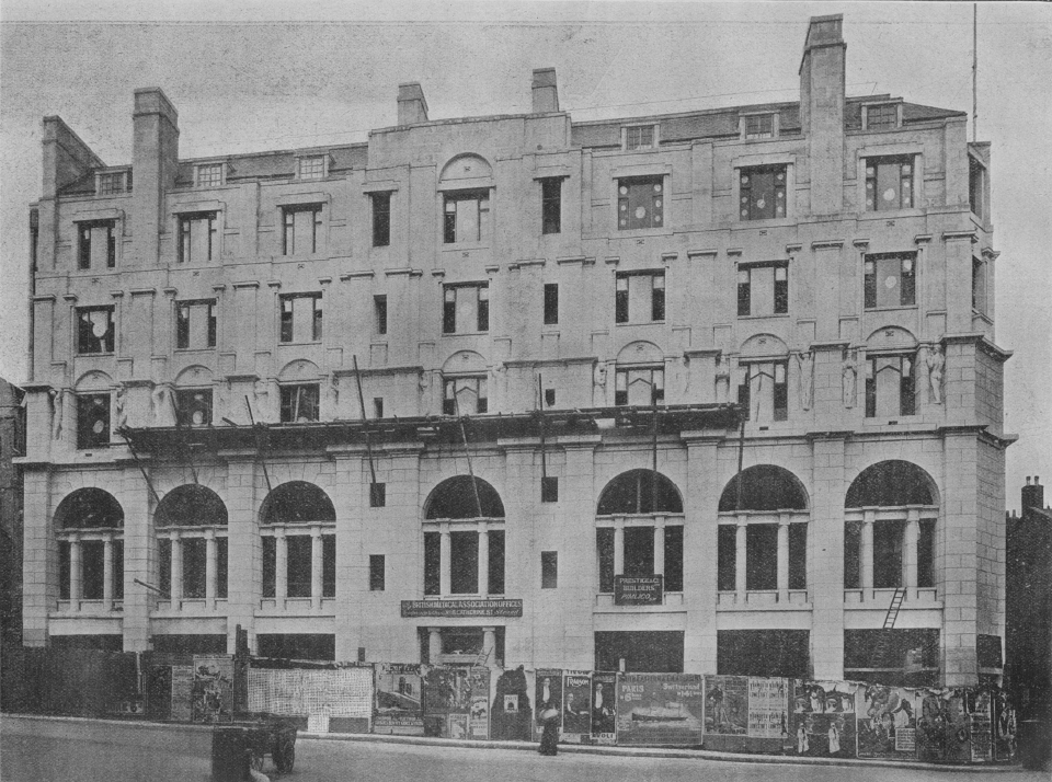 The British Medical Association building (now Zimbabwe House), The Strand, London, by Charles Holden with sculptures by Jacob Epstein (later destroyed). Agar Street elevation, under construction.