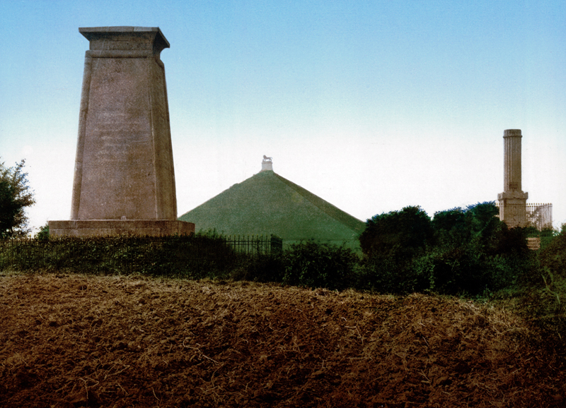 'Les trois monuments' at Waterloo, with the Butte du Lion in the centre, in a Photochrom print of c. (1890–1905).