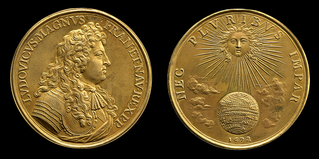 Gold medal made by Jean Warin, 1672; Obverse: portrait of Louis XIV facing right; reverse: Louis XIV as the sun warming the earth